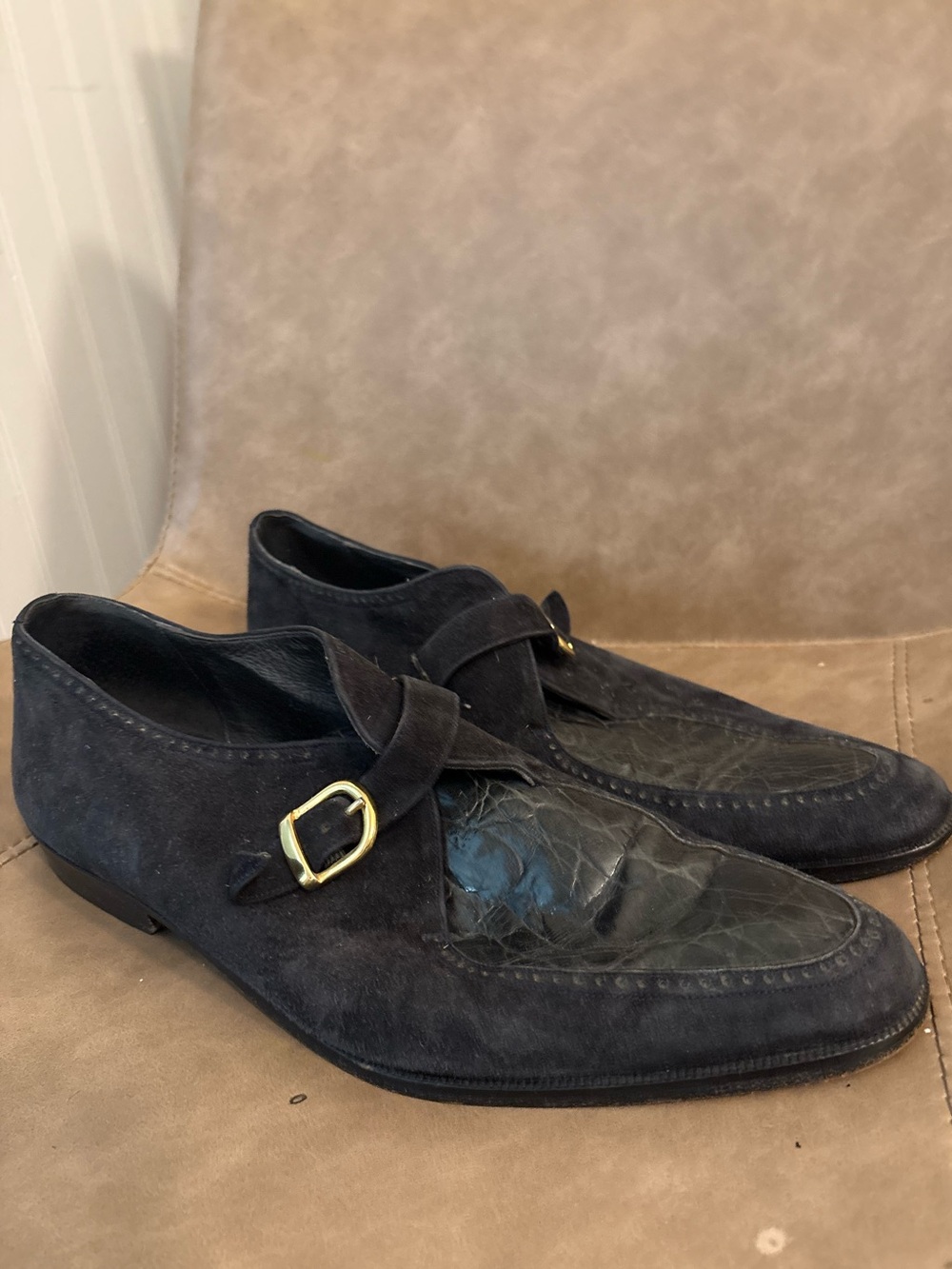 Vintage Emilio Franco blue suede crocodile buckle smart shoes size 10.5
